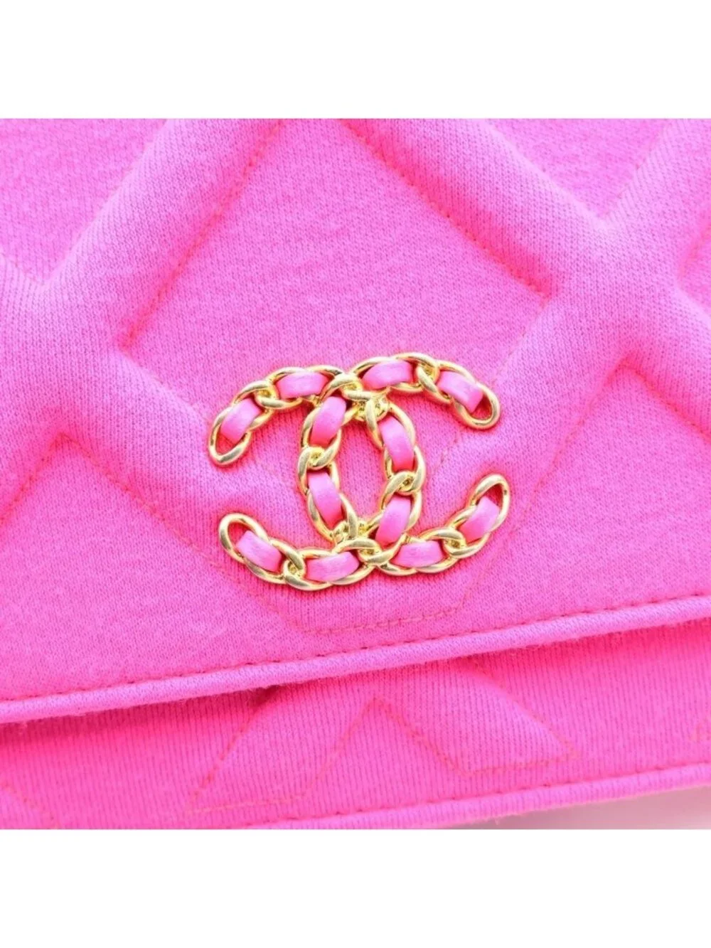 Chanel 19 Quilted CC Logo Jersey Lambskin Chain Shoulder Bag Pink